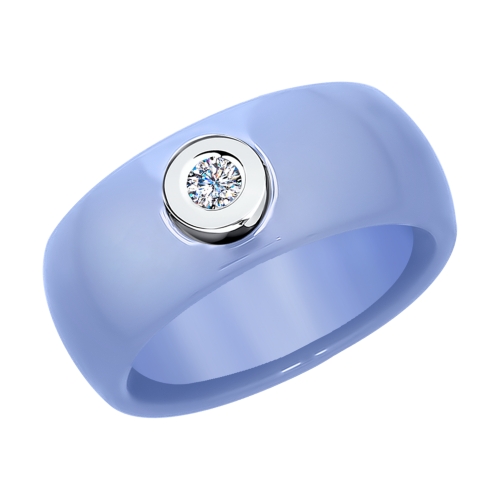 Кольцо из голубой керамики с бриллиантом и белым золотом